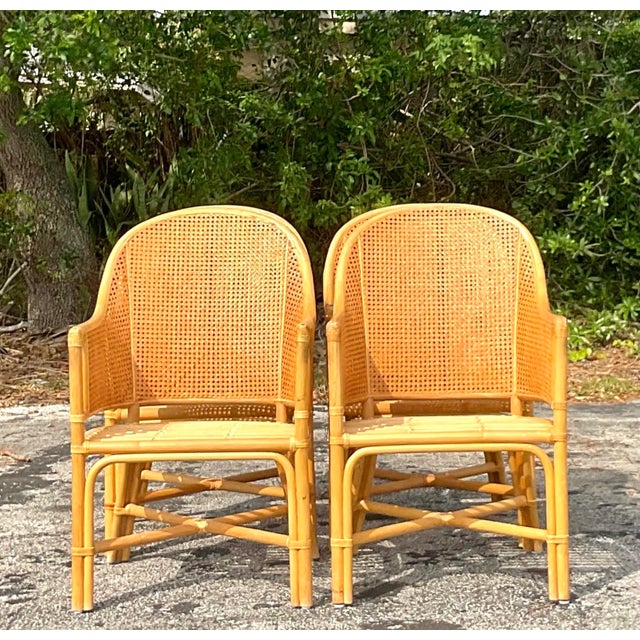 Late 20th Century Vintage Coastal Cane Rattan Dining Chairs After McGuire - Set of 4 For Sale - Image 5 of 12