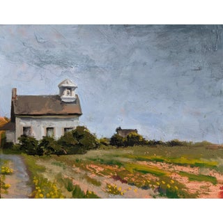 Church as Vacation Home by Caitlin Hurd | Oil Painting of a church surrounded by fields and flowers For Sale