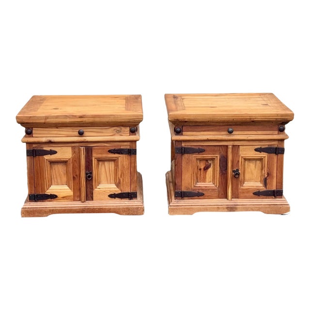 Pair of Rustic Pine Nightstands With Wrought Iron Hardware For Sale