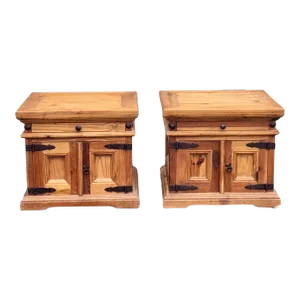 Pair of Rustic Pine Nightstands With Wrought Iron Hardware