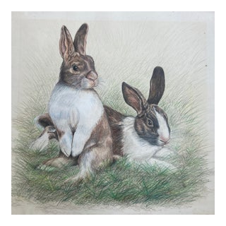 1970’s Original Rabbits in Field Colored Pencil Drawing For Sale