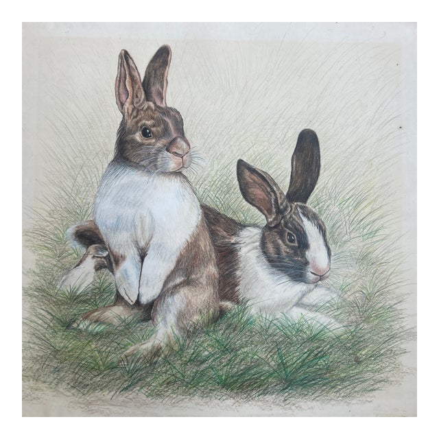 1970’s Original Rabbits in Field Colored Pencil Drawing For Sale