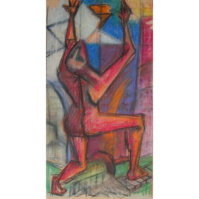 Vivid Cubist Figure 1960s Pastel Scene For Sale