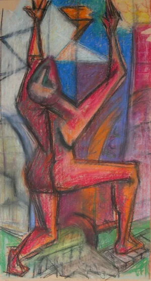 Vivid Cubist Figure 1960s Pastel Scene