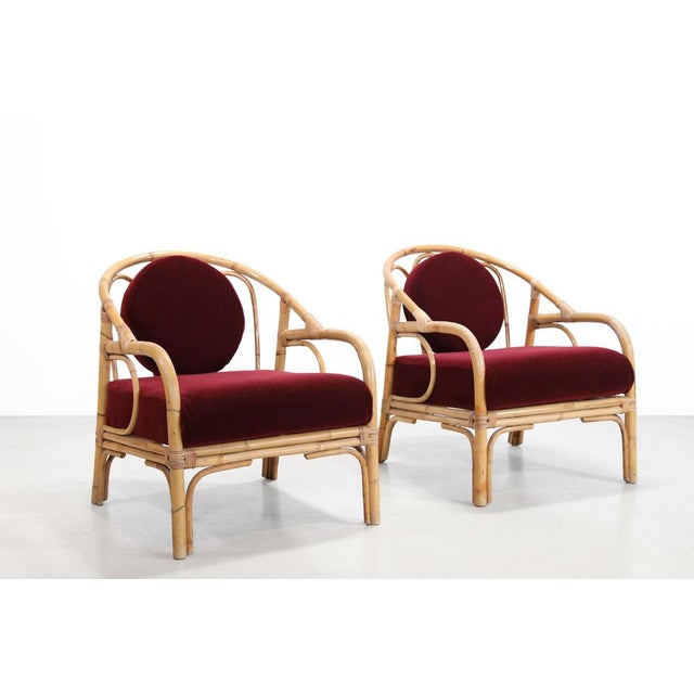 1960s Vintage Bamboo and Rattan Armchairs with Bordeaux Red Mohair, 1960s, Set of 2 For Sale - Image 5 of 7