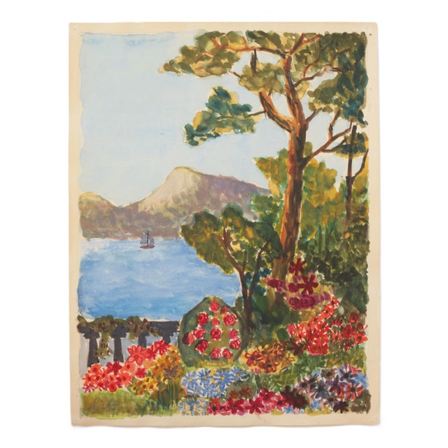 Mid-Century 50s Amalfi Coast Landscape Outsider Folk Art Water Color Painting For Sale In San Diego - Image 6 of 6