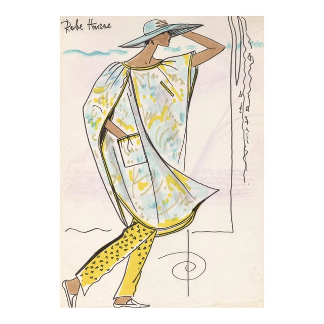 1980's Rare Original French Fashion Drawing Summer Beach Cruise Wear For Sale