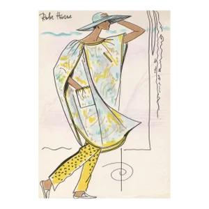 1980's Rare Original French Fashion Drawing Summer Beach Cruise Wear