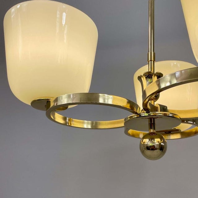 Metal Art Deco Opaline Glass and Brass Chandelier, Germany, 1930s For Sale - Image 7 of 18