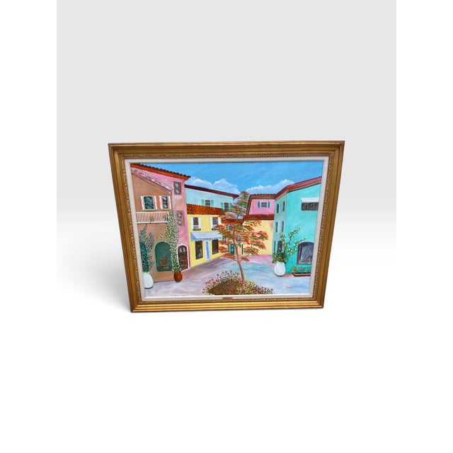 1980s Francis Downs Original Oil Painting of Colorful Mediterranean-Style Courtyard, Framed, 54” For Sale - Image 4 of 5