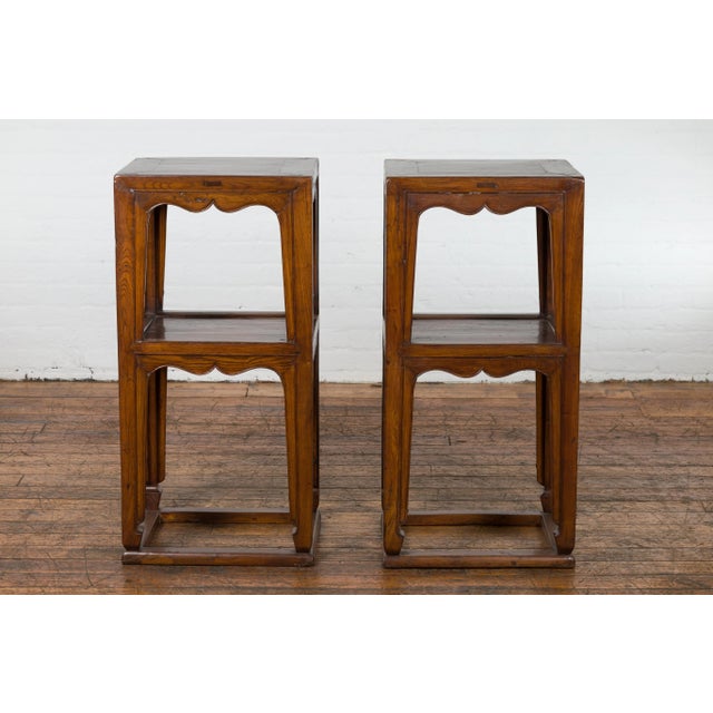 Chinese Late Qing Dynasty Tiered Lamp Tables with Carved Aprons - A Pair For Sale - Image 4 of 12