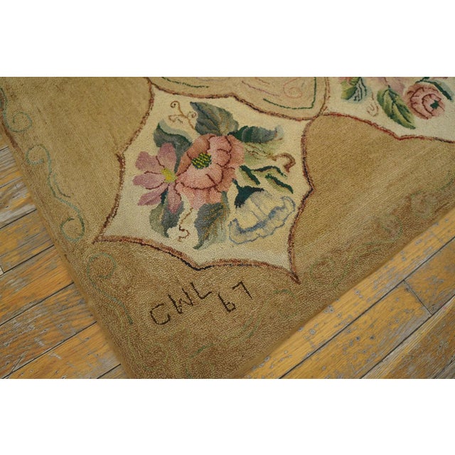 1960s Tan Camel Floral Folk Art Vintage American Hooked Rug 5'3" X 6'7" Handknotted Wool Carpet For Sale In New York - Image 6 of 6