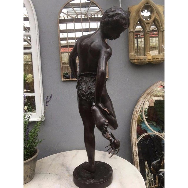Italian Bronze Boy with Crab Figural Garden Sculpture For Sale - Image 11 of 12