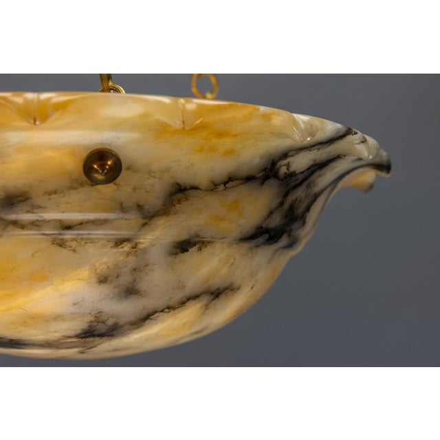 French Art Deco Yellow Alabaster Pendant with Dark Veining & Brass, 1920s For Sale - Image 11 of 18