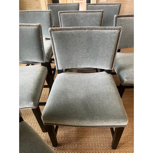 Set of eight brand new custom Lee Industries dining chairs. Finished in mohair, with charcoal on oak wood finish and...