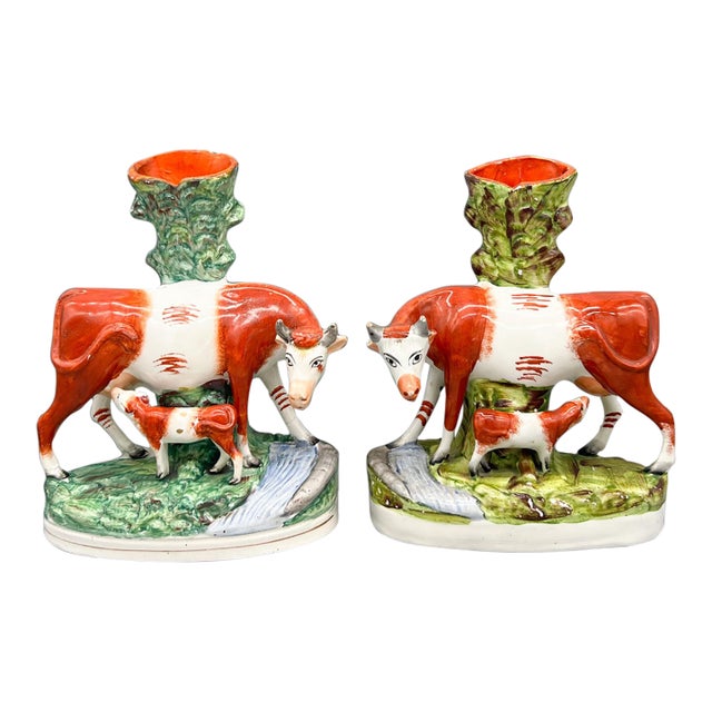 Large 19th Century Staffordshire English Cow and Calf Spill Vases, Pair – English Country / Victorian For Sale
