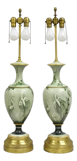 Antique French Hand Painted Porcelain "Cranes" Bird Green Urn Table Lamps - Pair