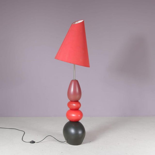 Ceramic Floor Lamp with Red Fabric Hood from Francois Chatain, France, 1970s For Sale - Image 14 of 15