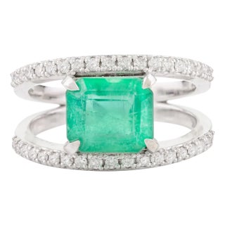 Cushion Cut Emerald & Diamond Double Band Engagement Ring Size 5 For Sale