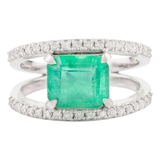 Cushion Cut Emerald & Diamond Double Band Engagement Ring Size 5 For Sale