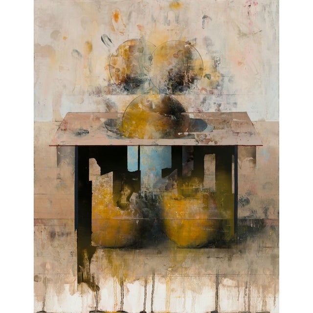 This oil on panel artwork presents a still life composition featuring a table with abstract forms, including large,...