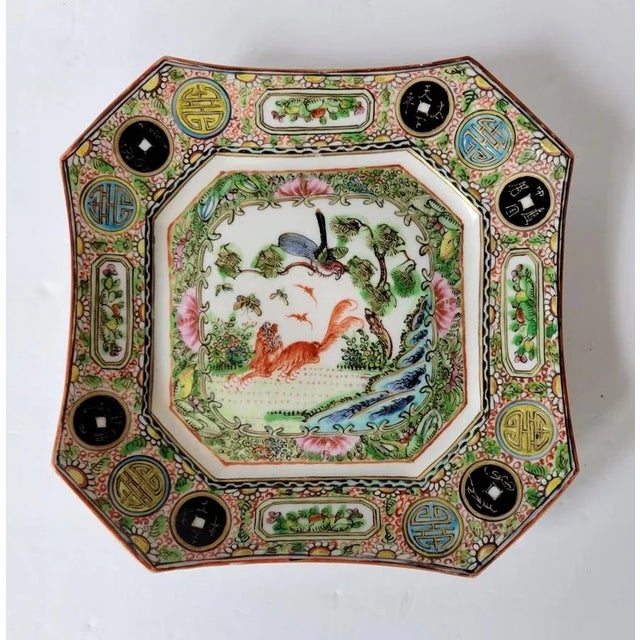 Ceramic Vintage Chinese Square Rose Medallion Porcelain Plate With Dog and Money For Sale - Image 7 of 7