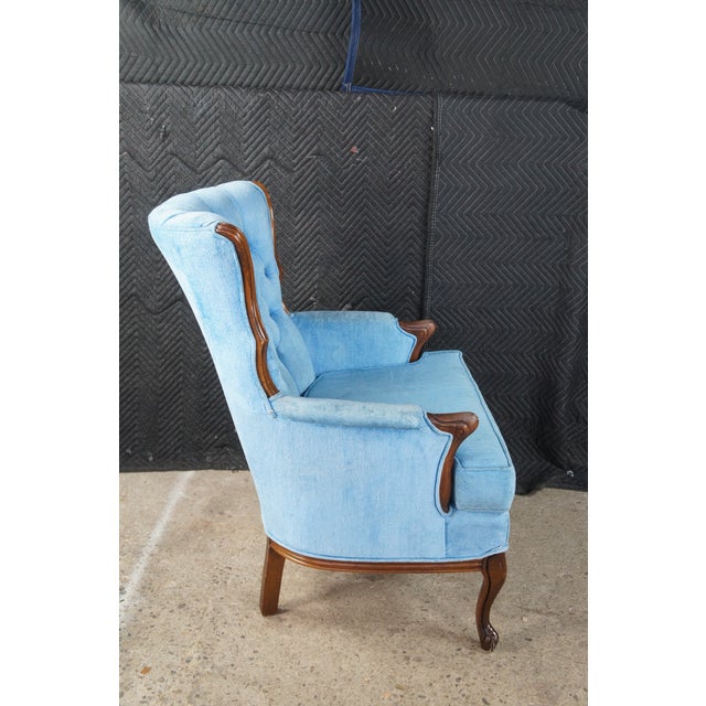 Antique French Blue Velvet Tufted Fauteuil Walnut Wingback Parlor Armchair For Sale - Image 10 of 12