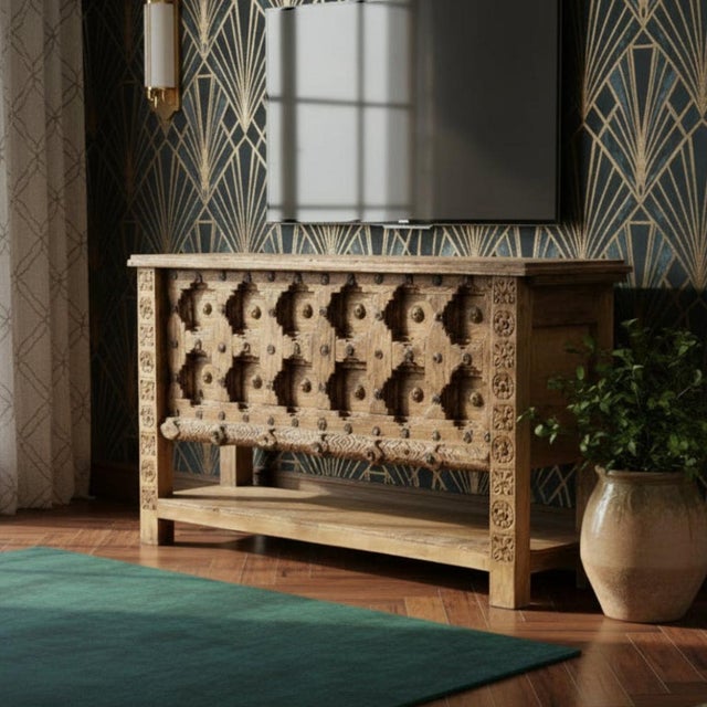 Mid-Century Modern Antique Sun-Bleached Carved Door Console Table – Rustic Entryway Hall Accent For Sale - Image 3 of 6