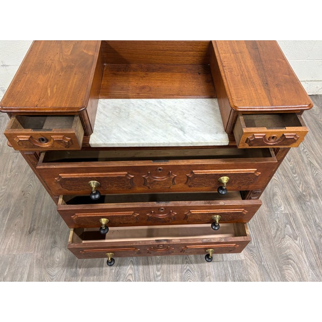 Antique Victorian Eastlake Burled Wood Marble Inlay Gentleman’s Dresser Commode For Sale In Kansas City - Image 6 of 11