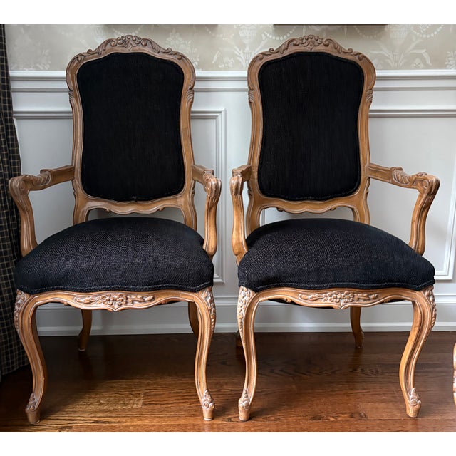 Set of detailed carved both front and back dining chairs. 6 chairs total 2 arm chairs and 4 side chairs. All upholstered...
