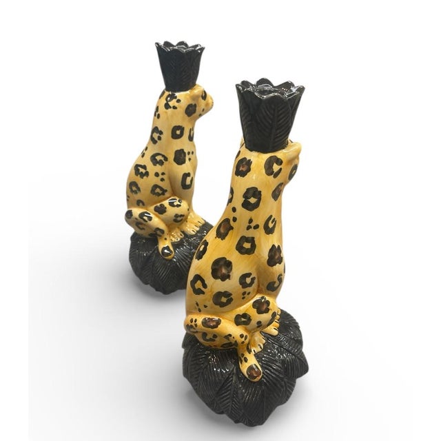 Vintage Italian-Style Ceramic Leopard Palm Leaf Taper Candle Holders - Pair For Sale - Image 4 of 7