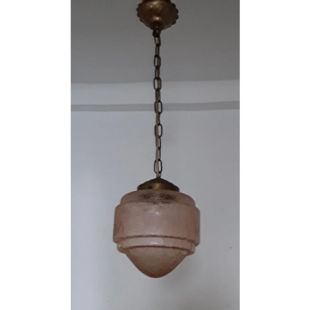 Art Deco Ceiling Lamp with Pink Patterned Glass Lampshade & Brass Painted Plastic, 1930s For Sale - Image 6 of 6
