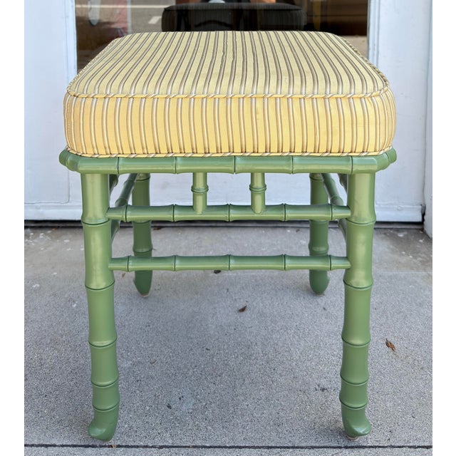 Mid 20th Century Hollywood Regency Green Painted Faux Bamboo Bench 1 of 2 Available For Sale - Image 5 of 6