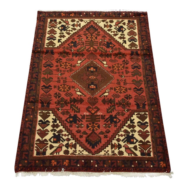 Hamedan Rug 3’2” X 4’4” Red Wool Vintage Tribal Hand-Knotted Oiental Carpet For Sale