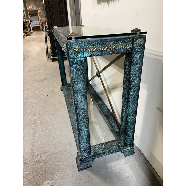 Vintage Neoclassical Verdigris Wood, Brass and Glass Tiered Console Table For Sale - Image 9 of 11
