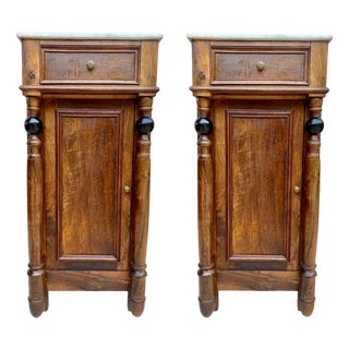 Early 20th Century French Walnut Nightstands with One Drawer and Marble Top, 1920s, Set of 2 For Sale