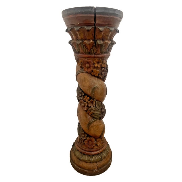 Antique Italian Style Column Bust Plant Stand Pedestal Hand Carved Solid Wood For Sale - Image 4 of 12