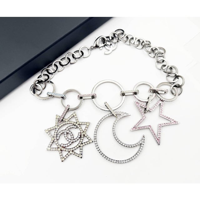 Contemporary Chanel Silver CC Large Star Moon Pastel Crystal Chain Necklace For Sale - Image 3 of 5