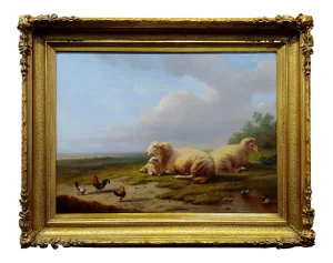 Franz Van Severdonck -Sheep & Chickens Resting in a Landscape-19th Century Oil Painting