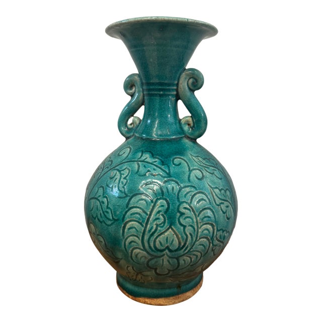 19th Century Antique Peacock Blue Porcelain Vase With Floral Motifs For Sale