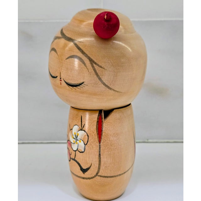 Vintage Hand-Painted Japanese Kokeshi Doll With Blossoms For Sale - Image 4 of 8
