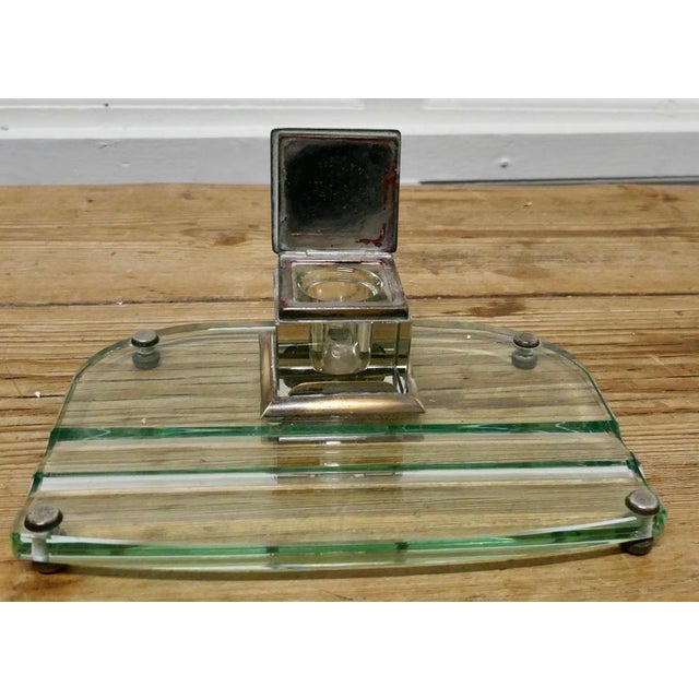 Art Deco Glass and Brass Desk Inkwell with Pen Rest, 1920s For Sale - Image 4 of 9