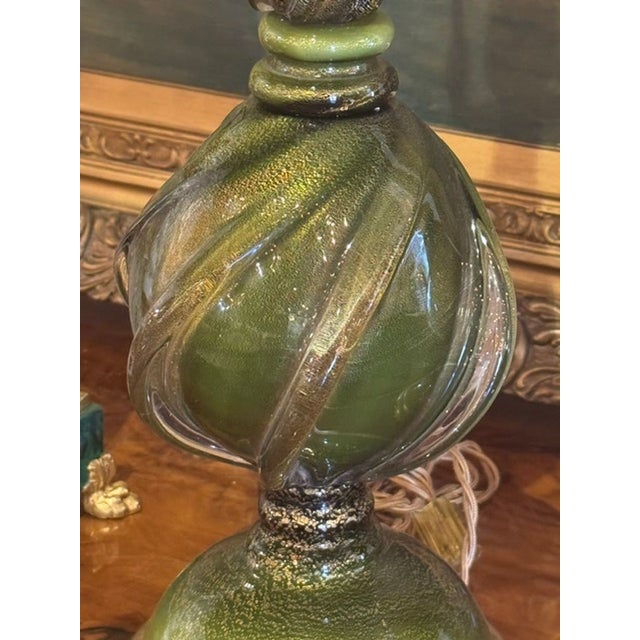 Transitional Pair of Vintage Murano Green Glass Lamps For Sale - Image 3 of 5