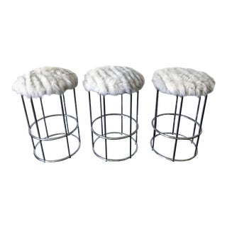 Vintage Chrome Tubular Bar Stools in Fox Fur - Set of 3 For Sale