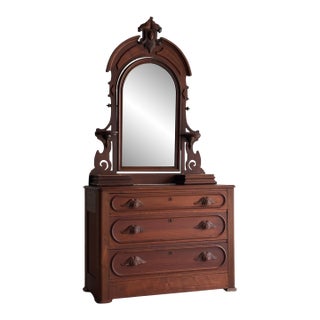 Antique Walnut Dresser With Arched Mirror and Carved Crest For Sale