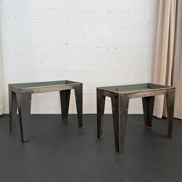 Rustic 1940s Industrial Brushed Steel Factory Tray Tables For Sale - Image 3 of 7