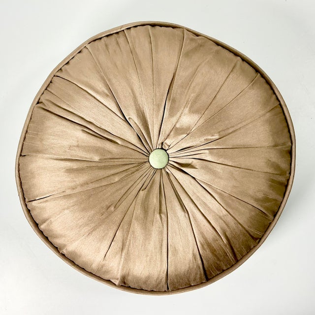 This is a great find. A Mid-Century Pleated Round Button Pillow in Taupe and Sage Silk. These were all the rage in the...