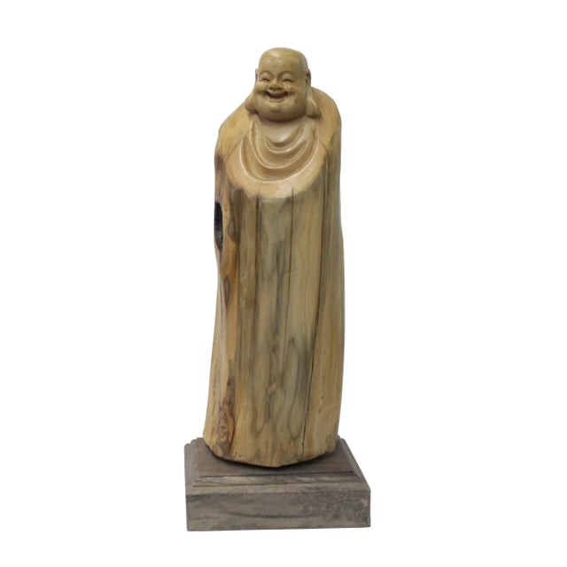 Wood Chinese Cypress Wood Carved Irregular Shape Happy Buddha Statue For Sale - Image 7 of 7