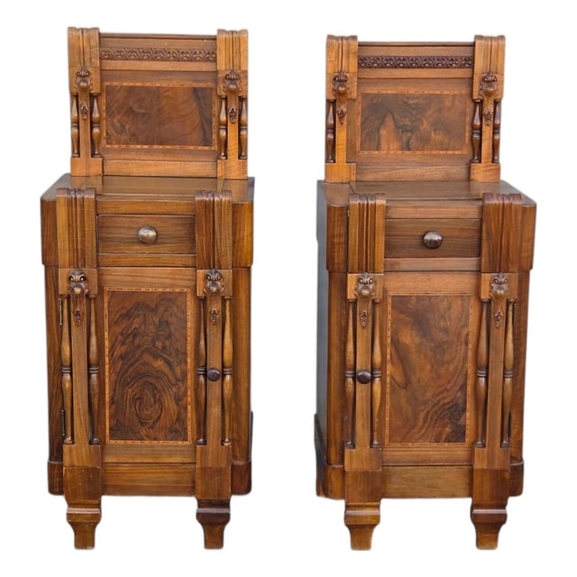 Pair of 1930 Walnut Nightstand American Art Deco Bedside Cabinet Refurbished For Sale