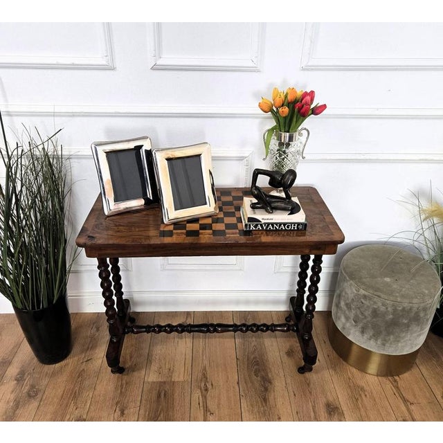 19th Century Antique Italian Walnut Burl Inlay Chess Games Side Table with Bobbin Turned Legs, 1890s For Sale - Image 5 of 9